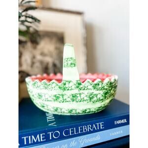 Vintage Watermelon Ceramic Basket – Handled Bowl with Ruffled‎ Rim
